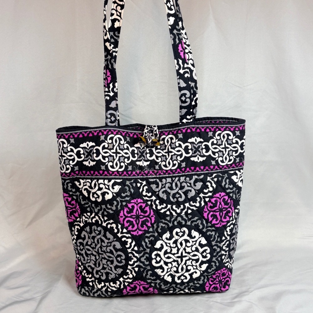 Vera Bradley Plum Crazy Quilted Cotton Tote Bag Black White Purple Toggle  Close